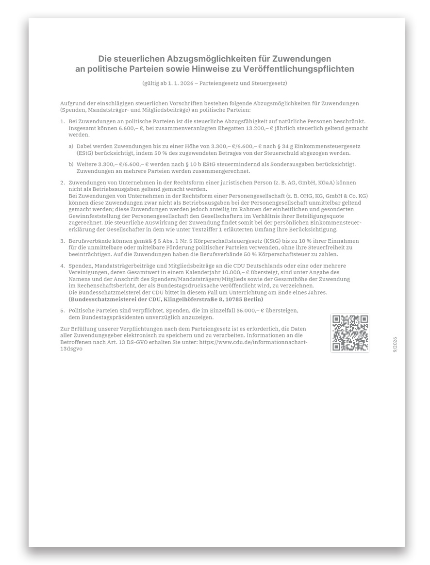 Abb. Rückseite mit Begleittext zu steuerlichen Abzugsmöglichkeiten.