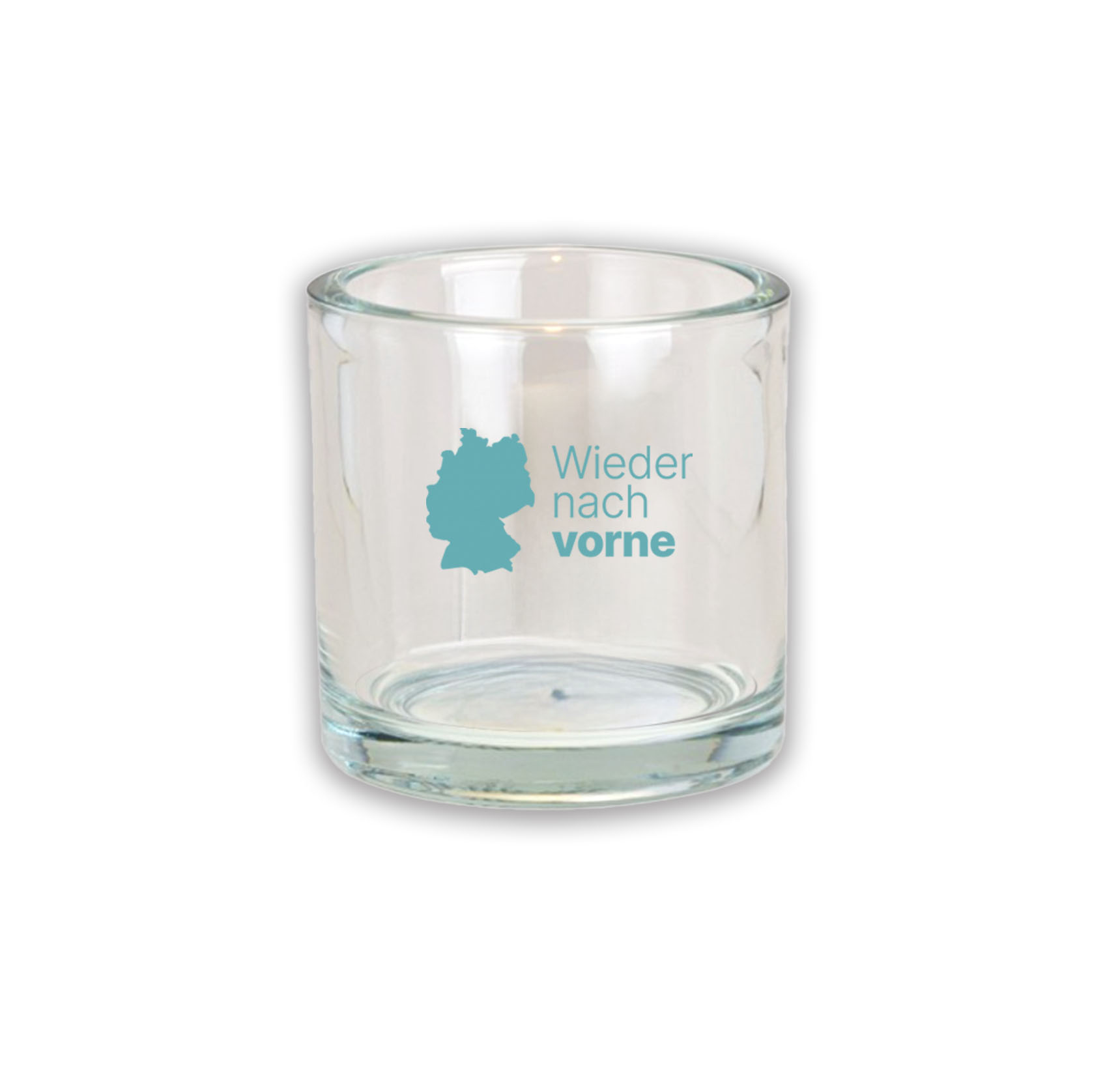 Glaswindlicht Windlicht: dickwandiges, rundes und transparentes Glas. Auf einer Seite mit einfarbigem Aufdruck in Türkis: Deutschlandkarte und mit Text: wieder nach vorne.