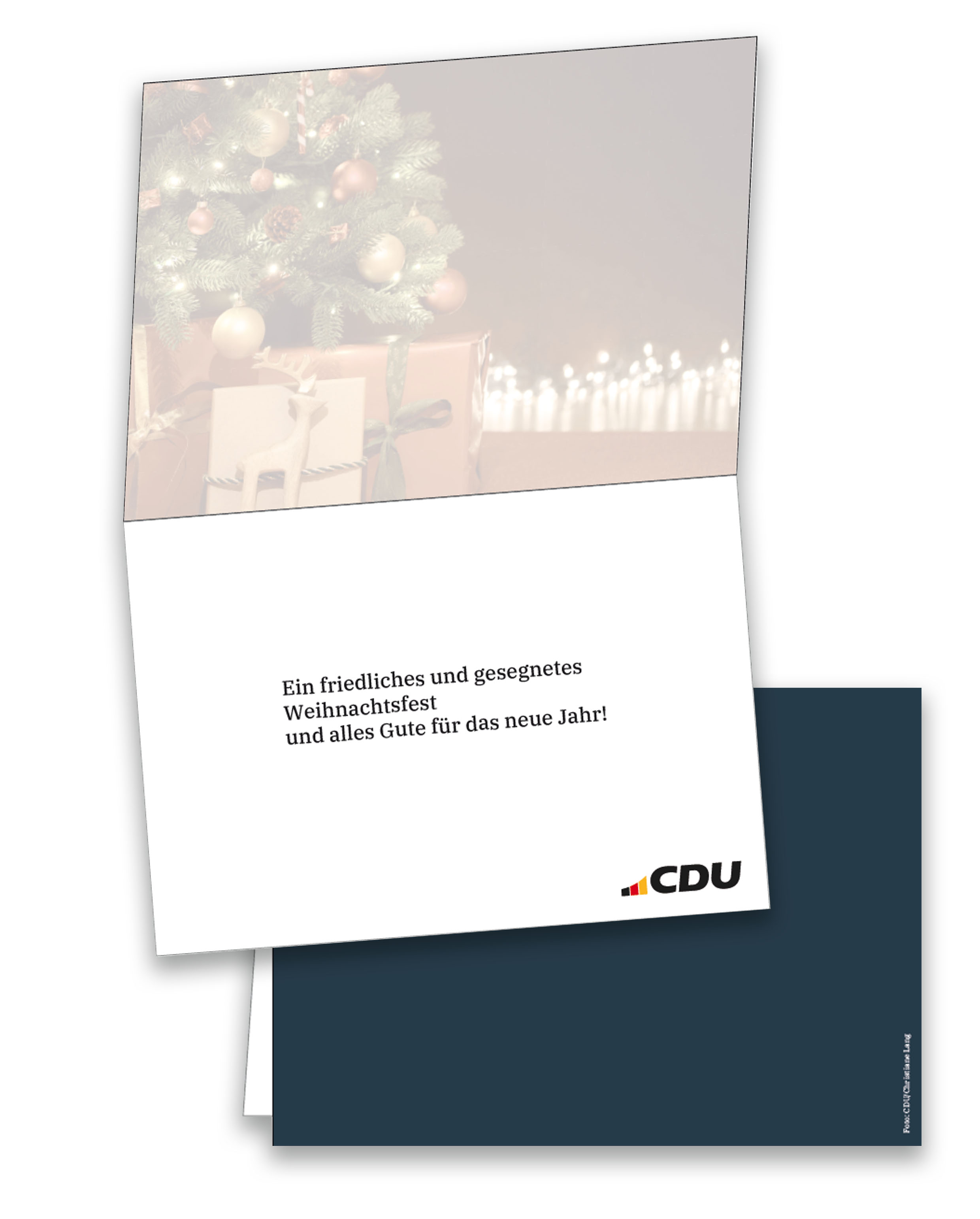 Weihnachtskarte aufgeklappt. Innen mit Texteindruck und CDU-Logo.