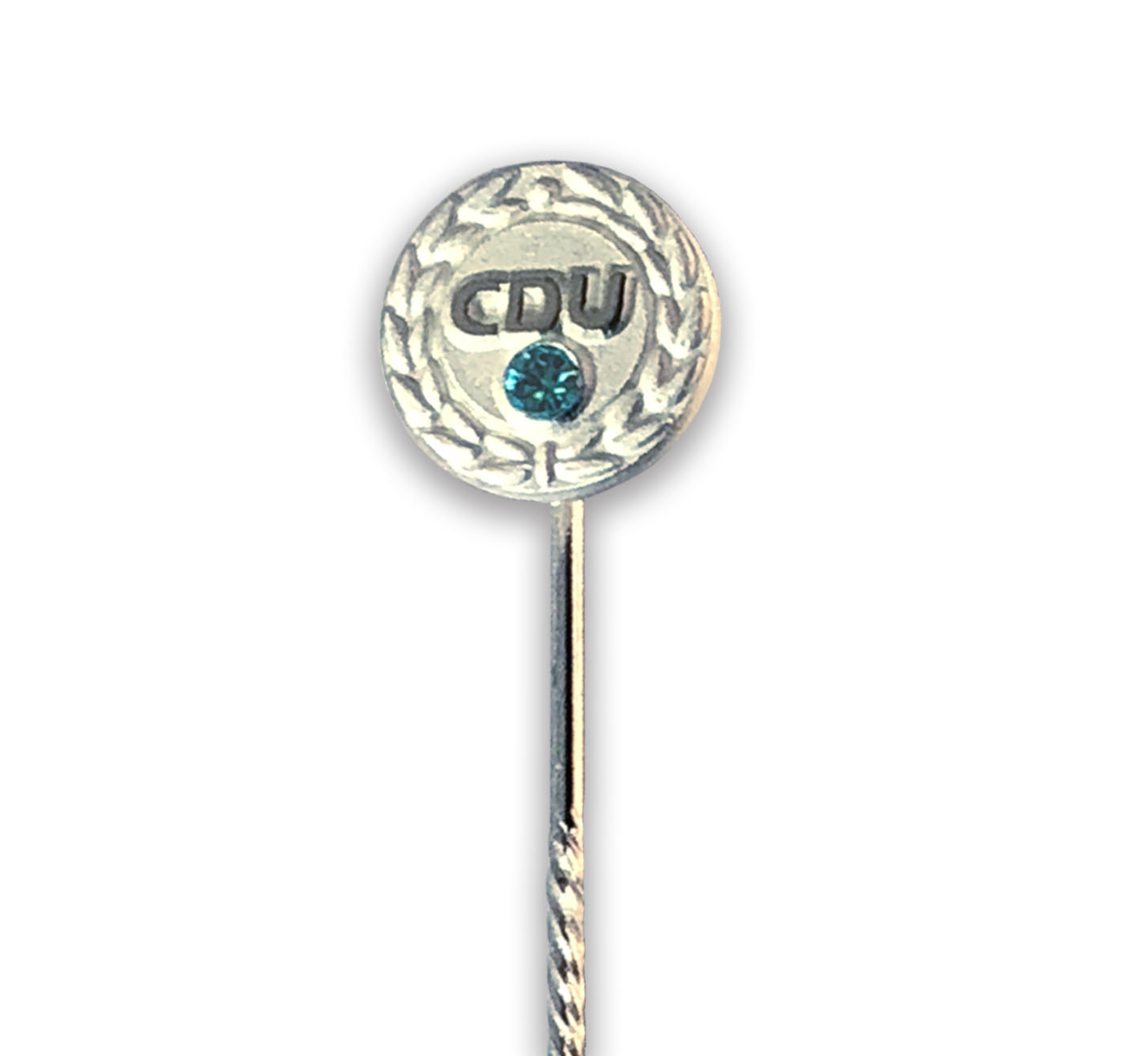 Runde Ehrennadel in Silber mit eingefasstem Swarovskistein in Türkis und mit geprägtem CDU.