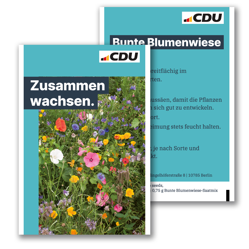 Samentütchen mit Motivdruck einer Blumenwiese und Text: Zusammen wachsen. CDU.
