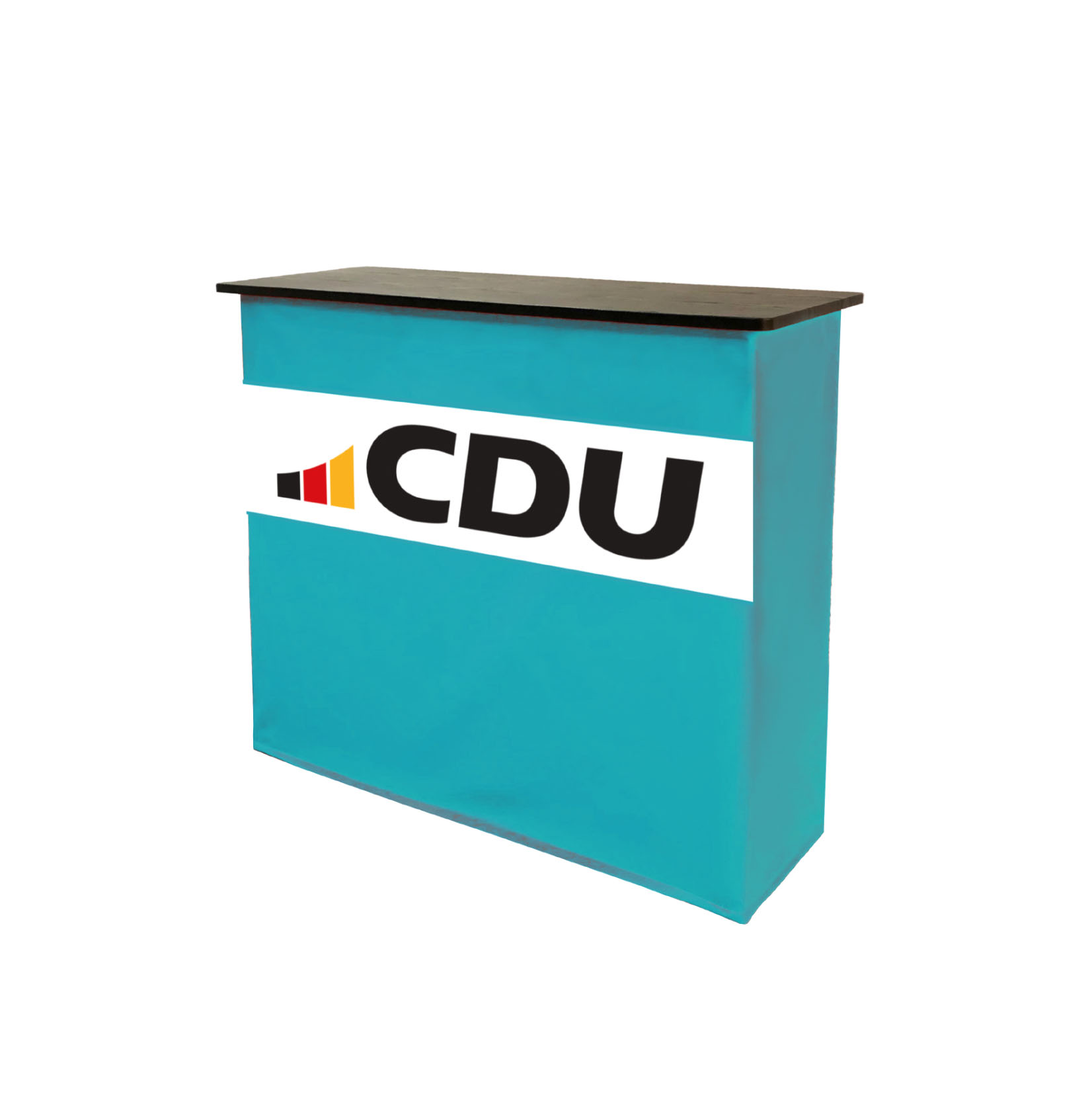 Theke im rechteckigen Format. Schwarze Thekentischplatte. Thekenbespannung umlaufend aus türkisfarbigem Stoff mit einem großen CDU-Logo mittig auf der Frontseite der Theke.