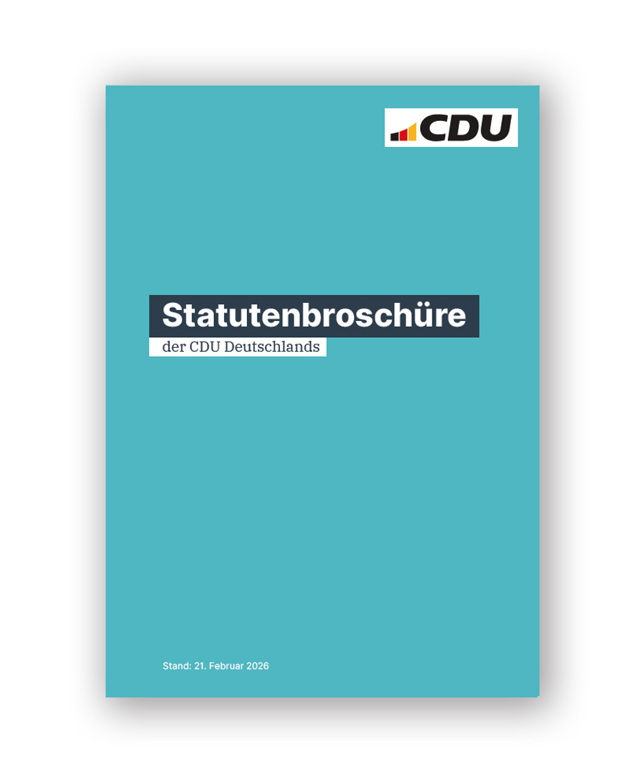 Statutenbroschüre der CDU Deutschlands in Türkis, Hochformat DIN A5.