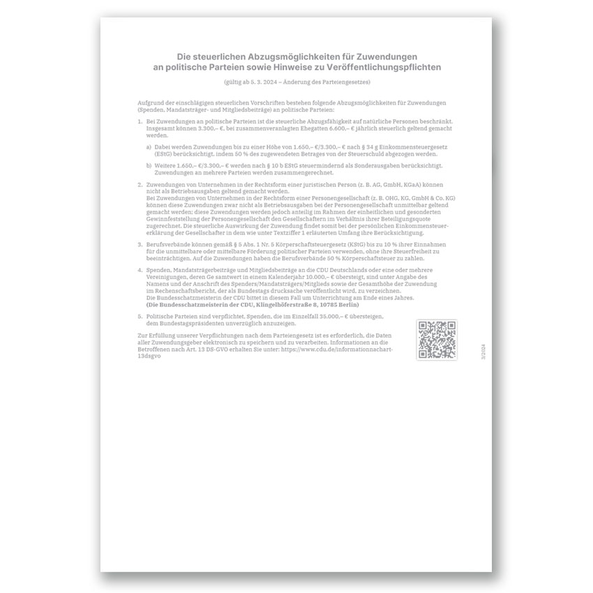 Abb. Textblatt mit Informationen steuerlicher Abzugsmöglichkeiten für Zuwendungen an politische Parteien.