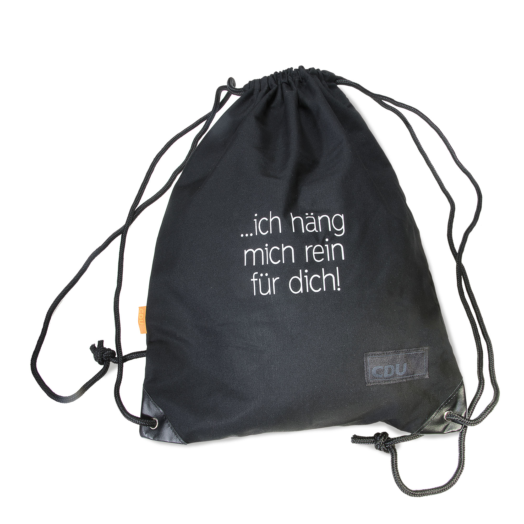 Schwarzer Beutelrucksack mit schwarzem Kordelband und aufgedrucktem Spruch: ...ich häng mich rein für dich!