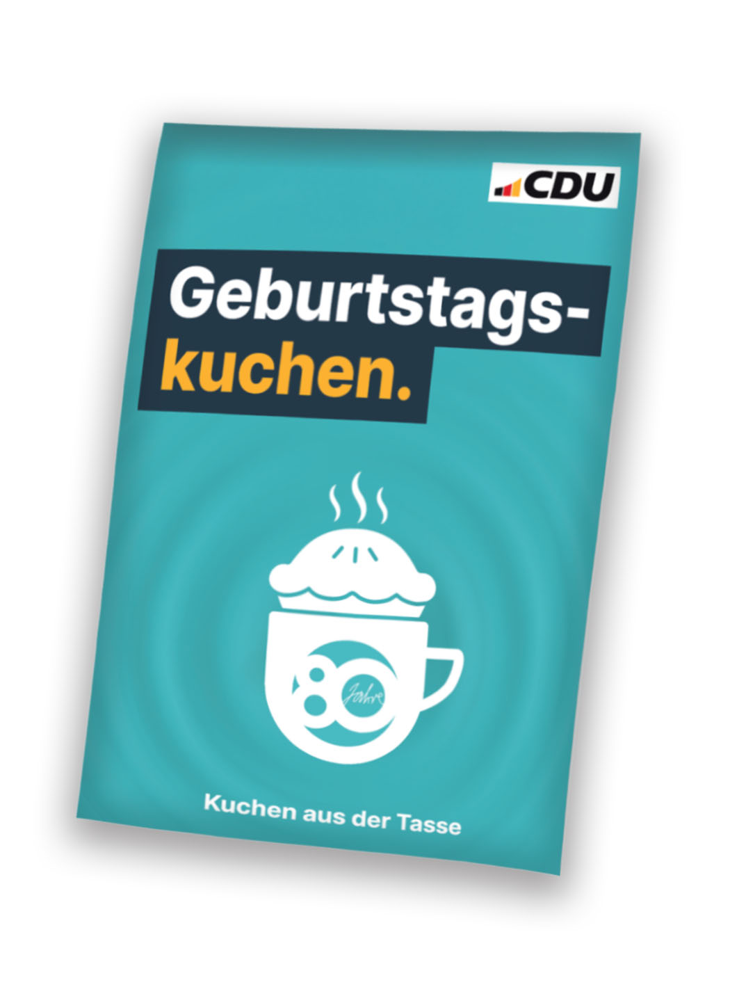 Tütenverpackung ganz in Türkis. Textaufdruck Geburtstagskuchen und mit einer Grafikabbildung eines dampfenden Kuchens in der Tasse und darauf das 80-Jahre-Logo.