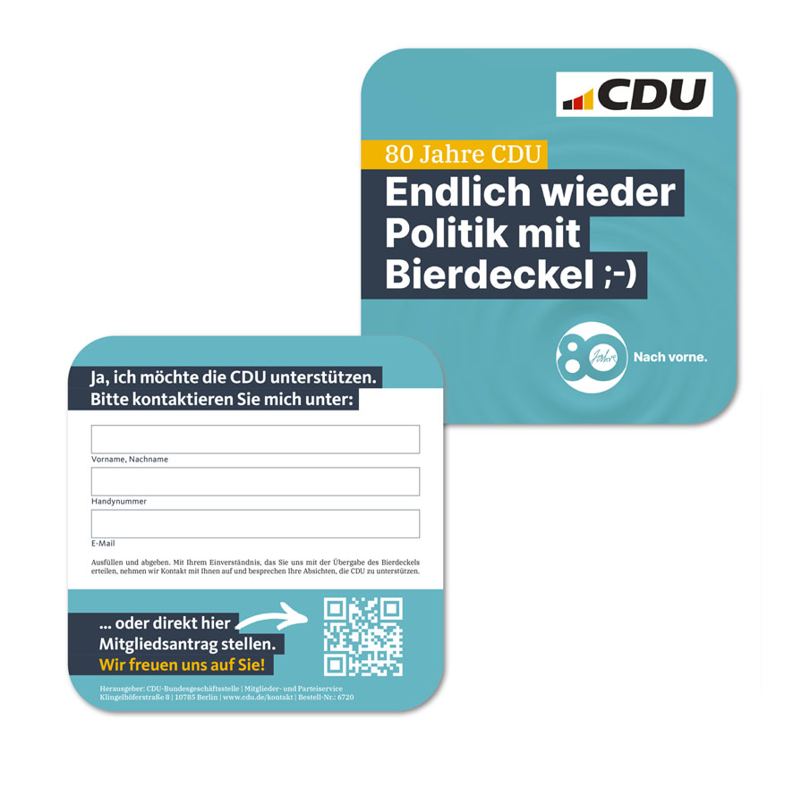 Bierdeckel: Abbildung der Vorder- und Rückseite. Zum Ausfüllen der Kontaktdaten bei Interesse einer CDU-Mitgliedschaft.