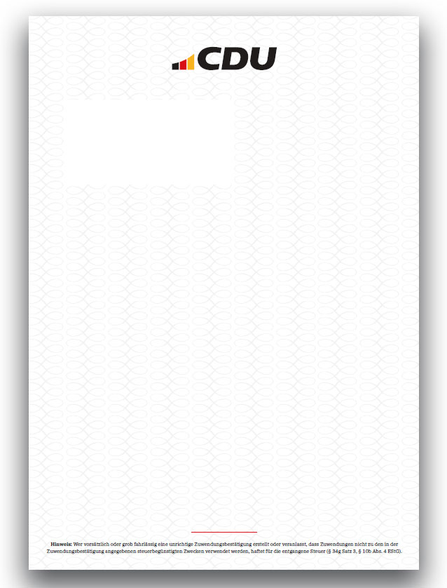 Zuwendungsvordrucke Weißes Blatt im Hochformat. Oben mittig mit CDU-Logo.