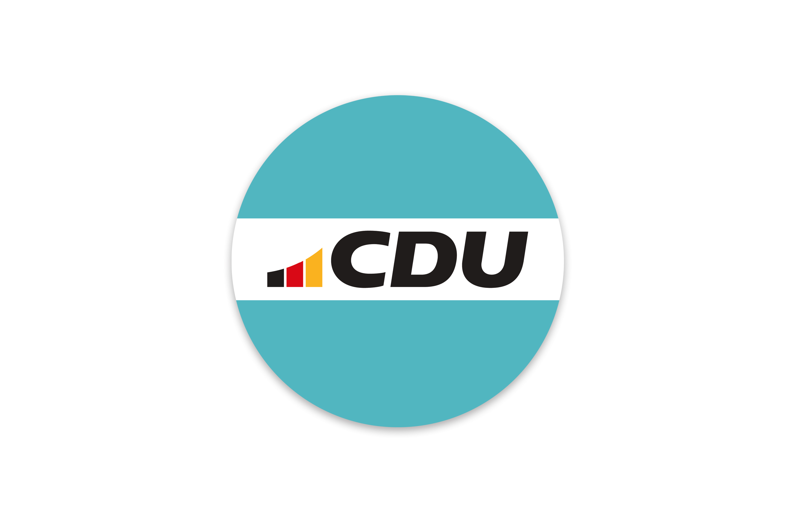 Runder Aufkleber in Türkis. Aufdruck 3-farbiges CDU-Logo.