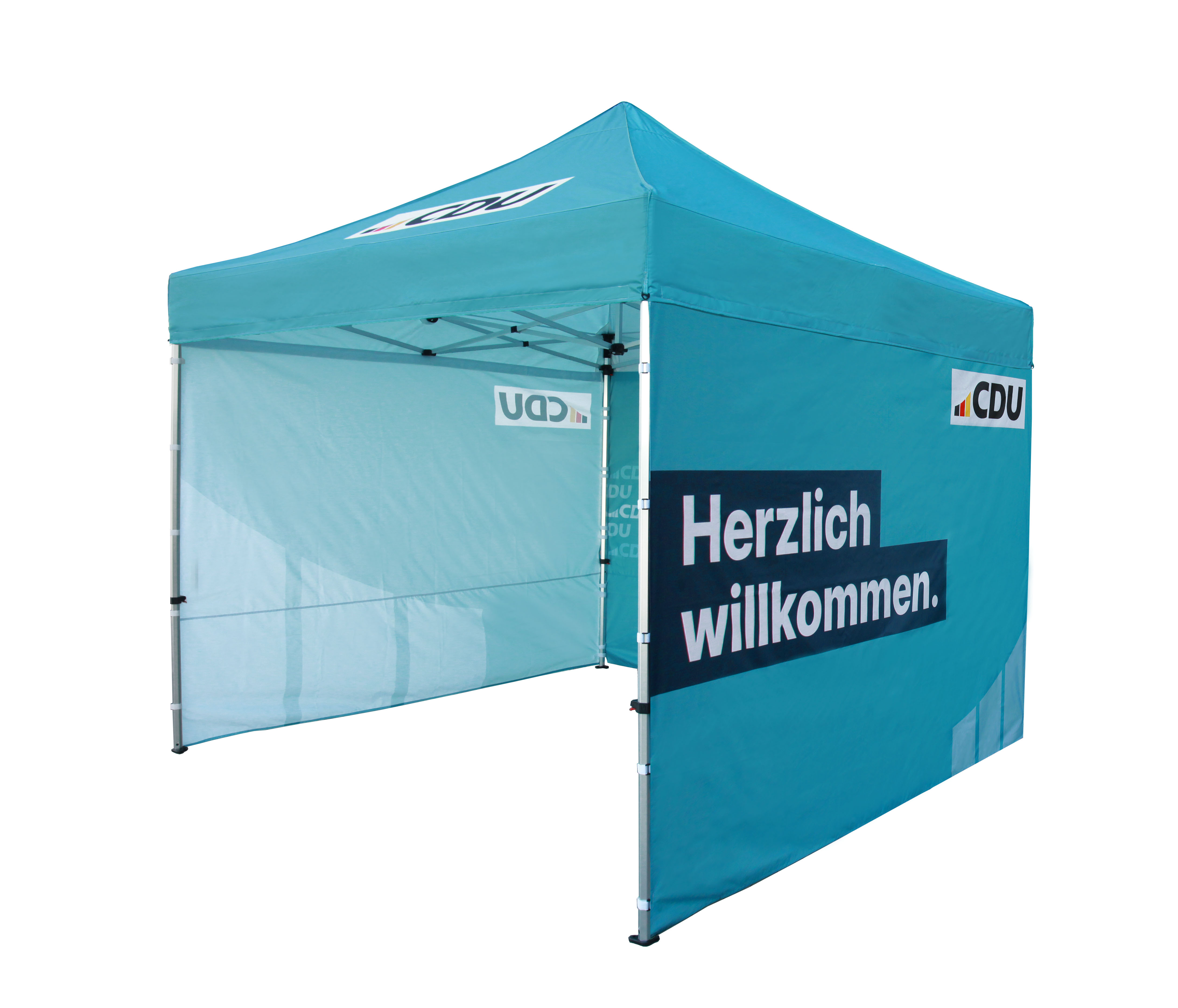 CDU-Pavillon mit rechter Seitenansicht. Dach, Seitenwände und Rückwand in Türkis. Das 3-farbige CDU-Logo ist groß und mittig auf dem Pavillondach aufgedruckt. Auf der rechten Seitenwand steht groß gedruckt: Herzlich willkommen.