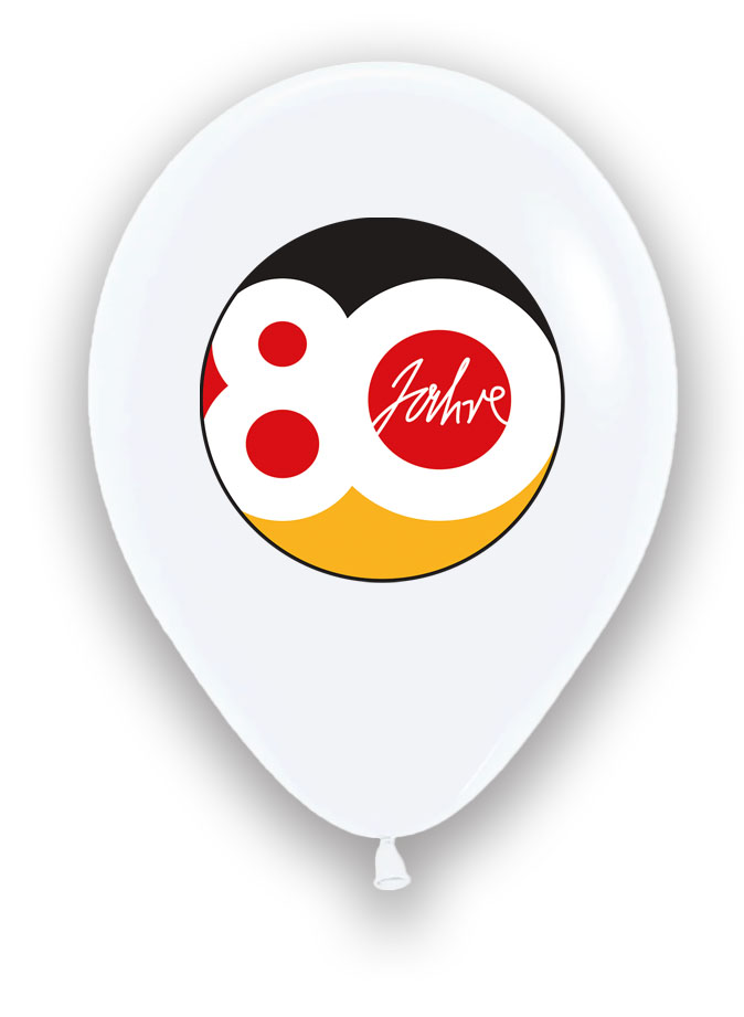 Weißer Luftballon mit farbigem 80-Jahre-Logo auf einer Seite.
