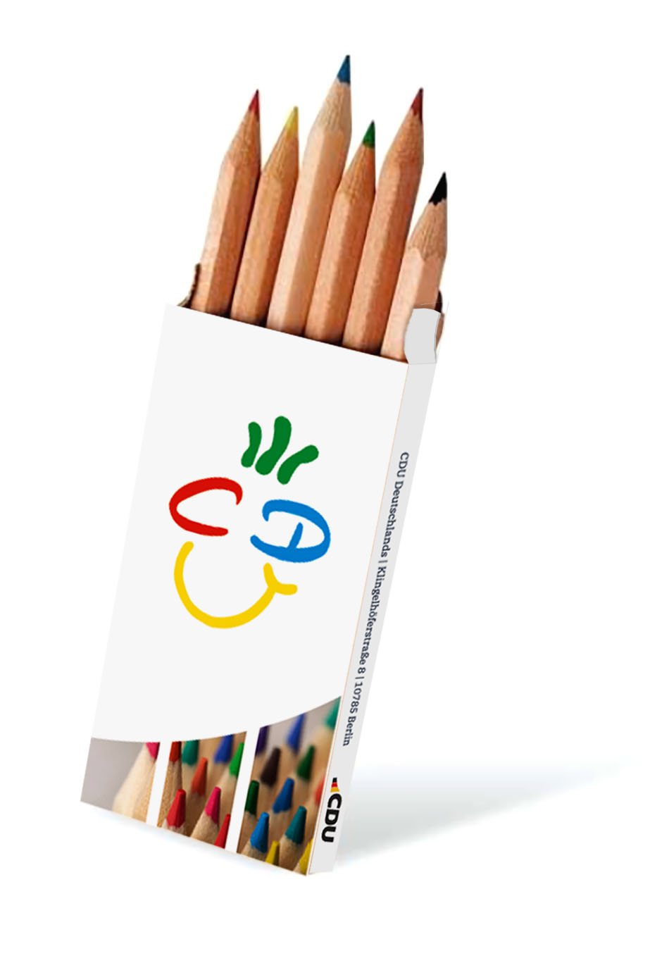 Weiße Pappschachtel mit 6 kleinen Buntstiften. Auf der Schachtel ist der 4-farbige CDU-Smilie aufgedruckt.