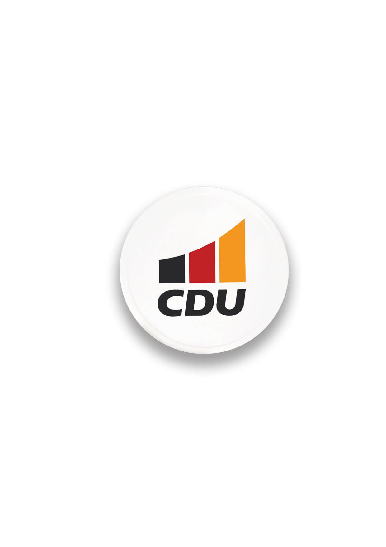 Einkaufswagen-Chip 1 Euro in Weiß mit Aufdruck CDU in Schwarz und Bogen 3-farbig.