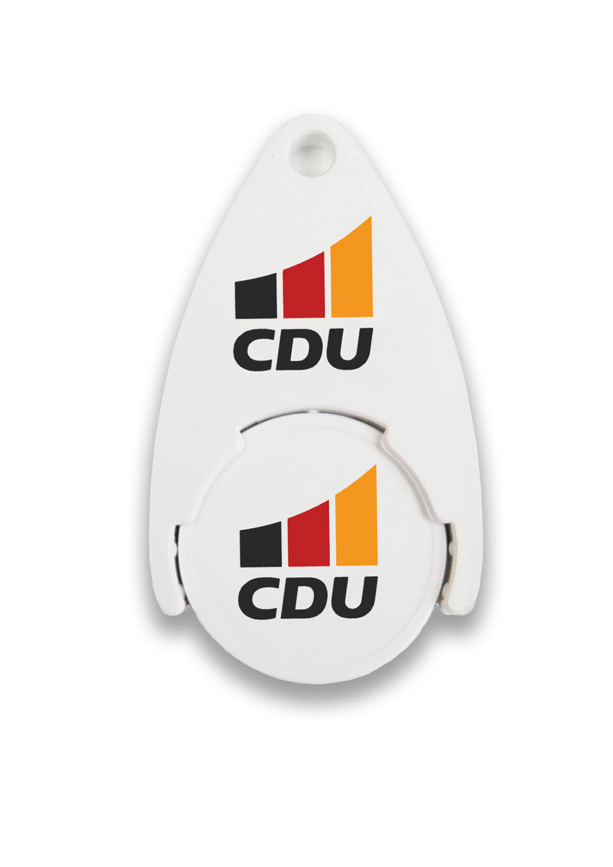 Einkaufswagen-Chip mit Halter in Weiß. 3-farbiges CDU-Logo auf Halter und Chip.