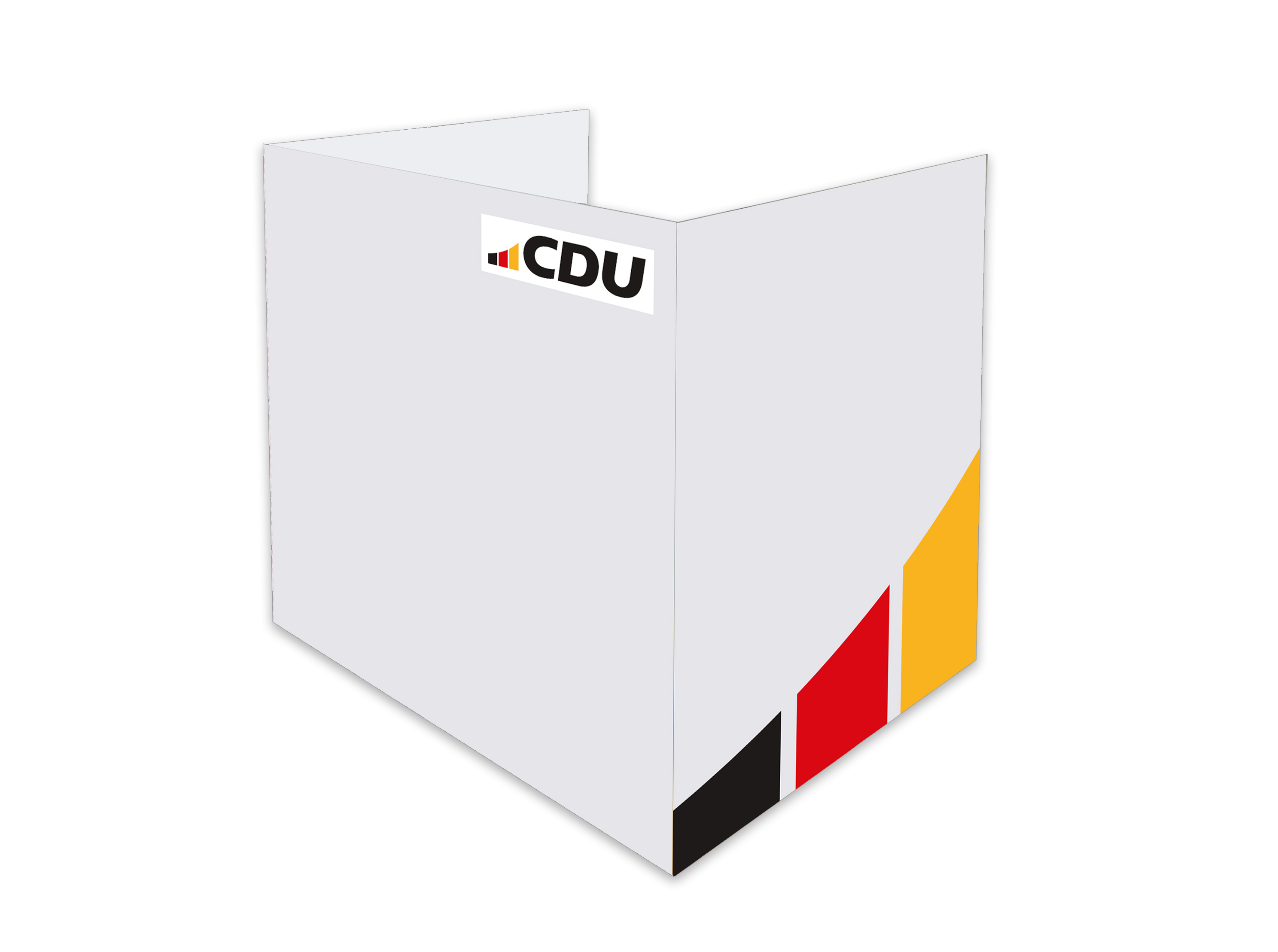 Tischwahlkabine, rechts und links aufklappbar. Vollflächig in 10% Rhöndorf-Blau bedruckt. Großer 3-farbiger Bogen auf einer Klappseite. Frontseite ist mit CDU-Logo versehen.