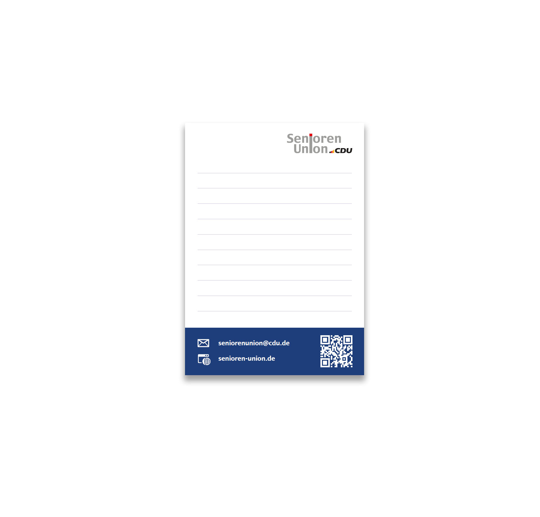 Kleiner Notizblock im Hochformat mit Linien, QR-Code und Logo Senioren-Union.