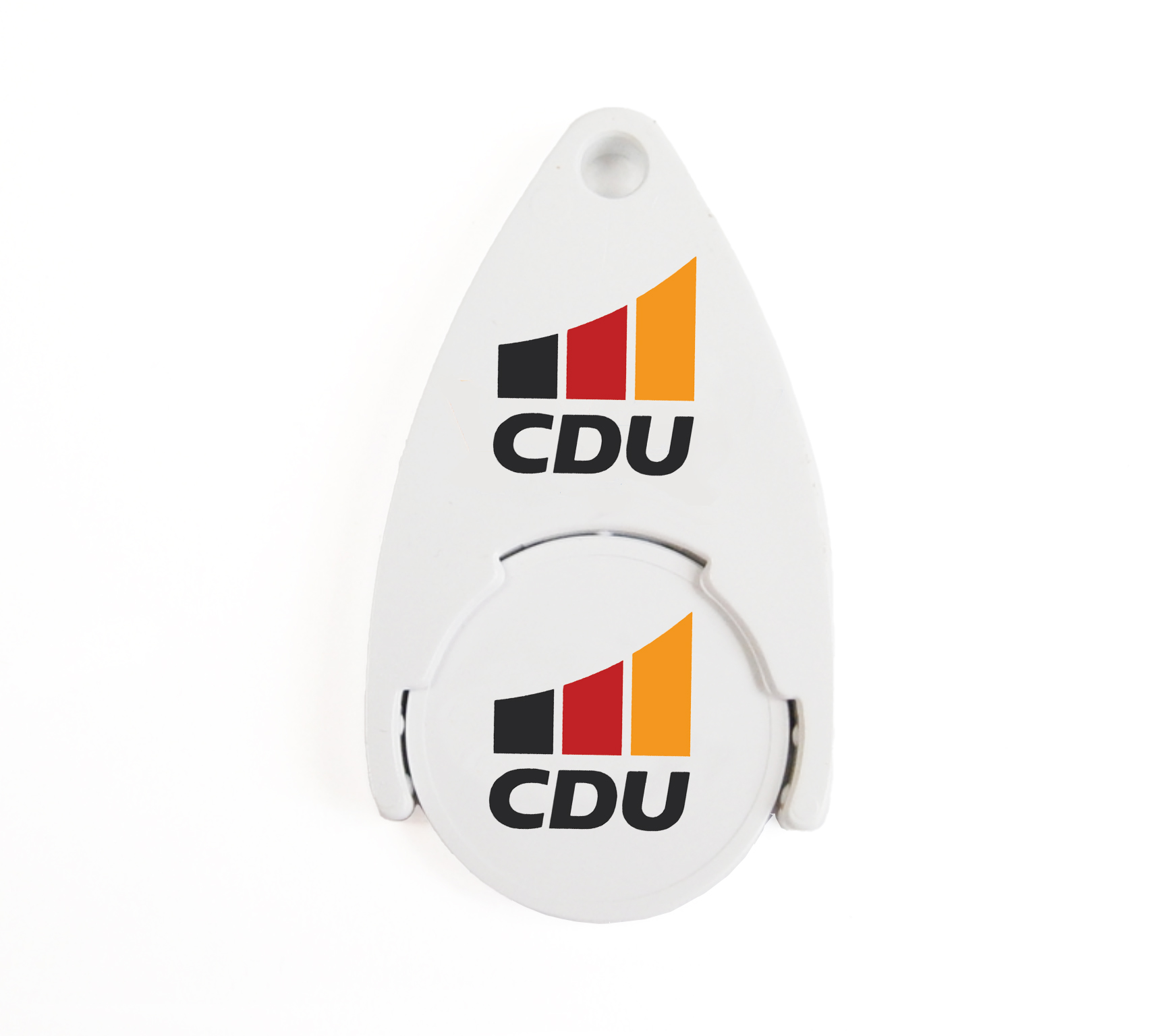 Einkaufswagenhalter mit Chip. Ganz in Weiß. 3-farbiges CDU-Logo auf Chip und Halter.