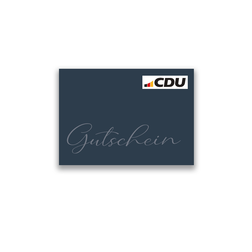 Gutscheinkarte in Rhöndorf-Blau mit CDU-Logo und Aufdruck: Gutschein.