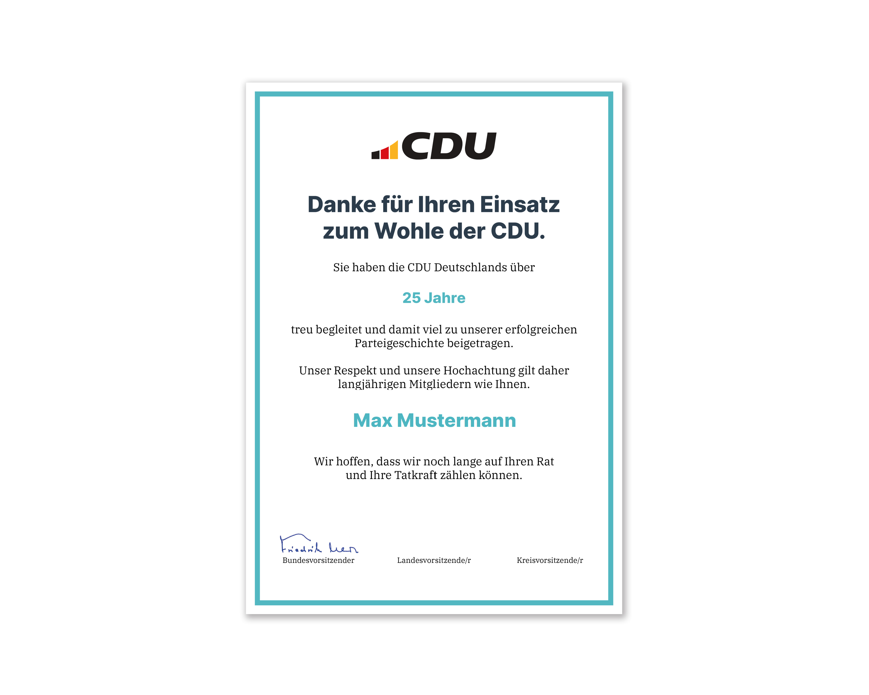 Ehrenurkunde: "CDU Mitgliedschaft"