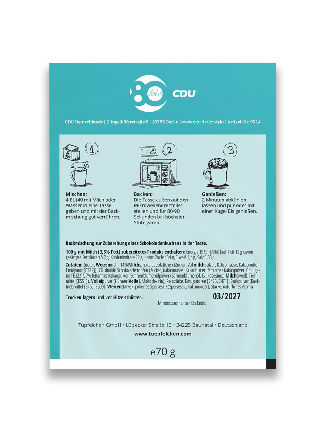Rückseite der Tütenverpackung mit Hinweisen zum Produktinhalt und Anleitung, wie der Tassenkuchen zubereitet wird.