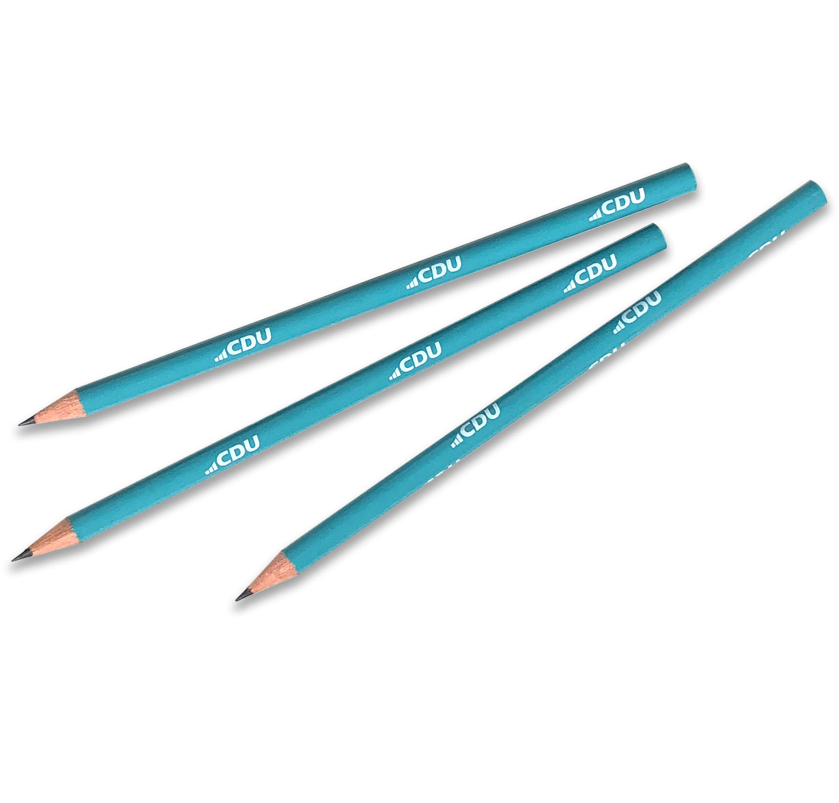 Aus anderer Perspektive: Drei Bleistifte ganz in Türkis. Umlaufend mit kleinen weißen CDU-Logos bedruckt.