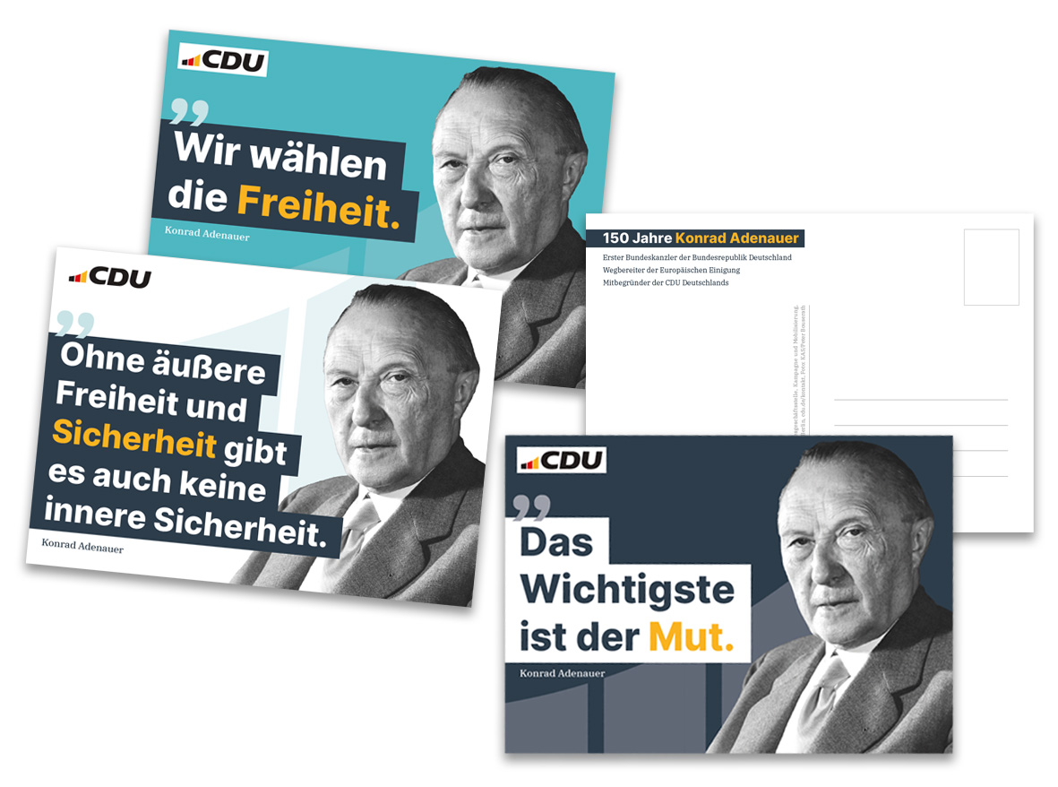 Drei Postkarten mit Bild und Zitaten von Konrad Adenauer.