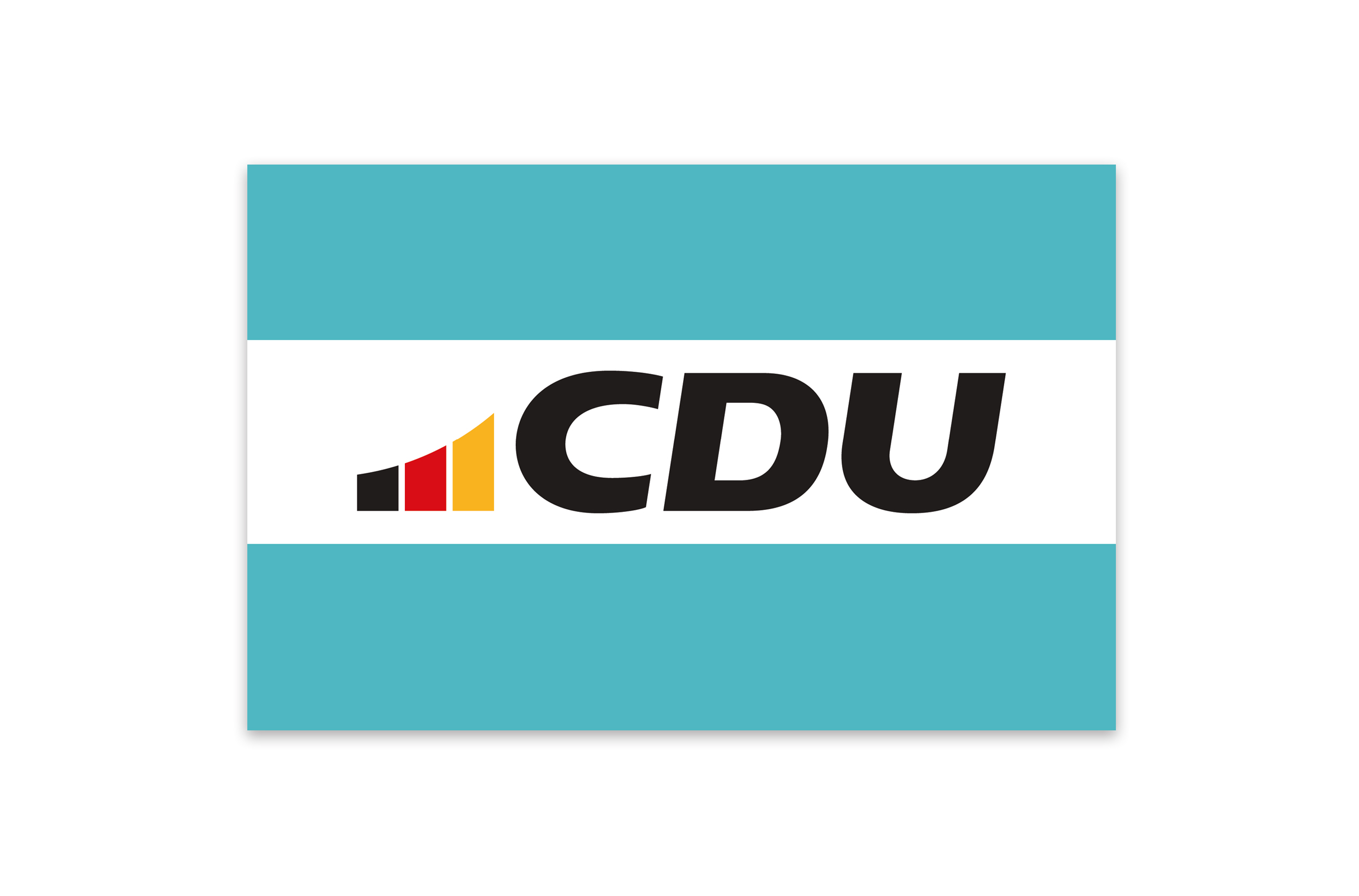 Rechteckiger Aufkleber in Türkis. Aufdruck mit 3-farbigem CDU-Logo.