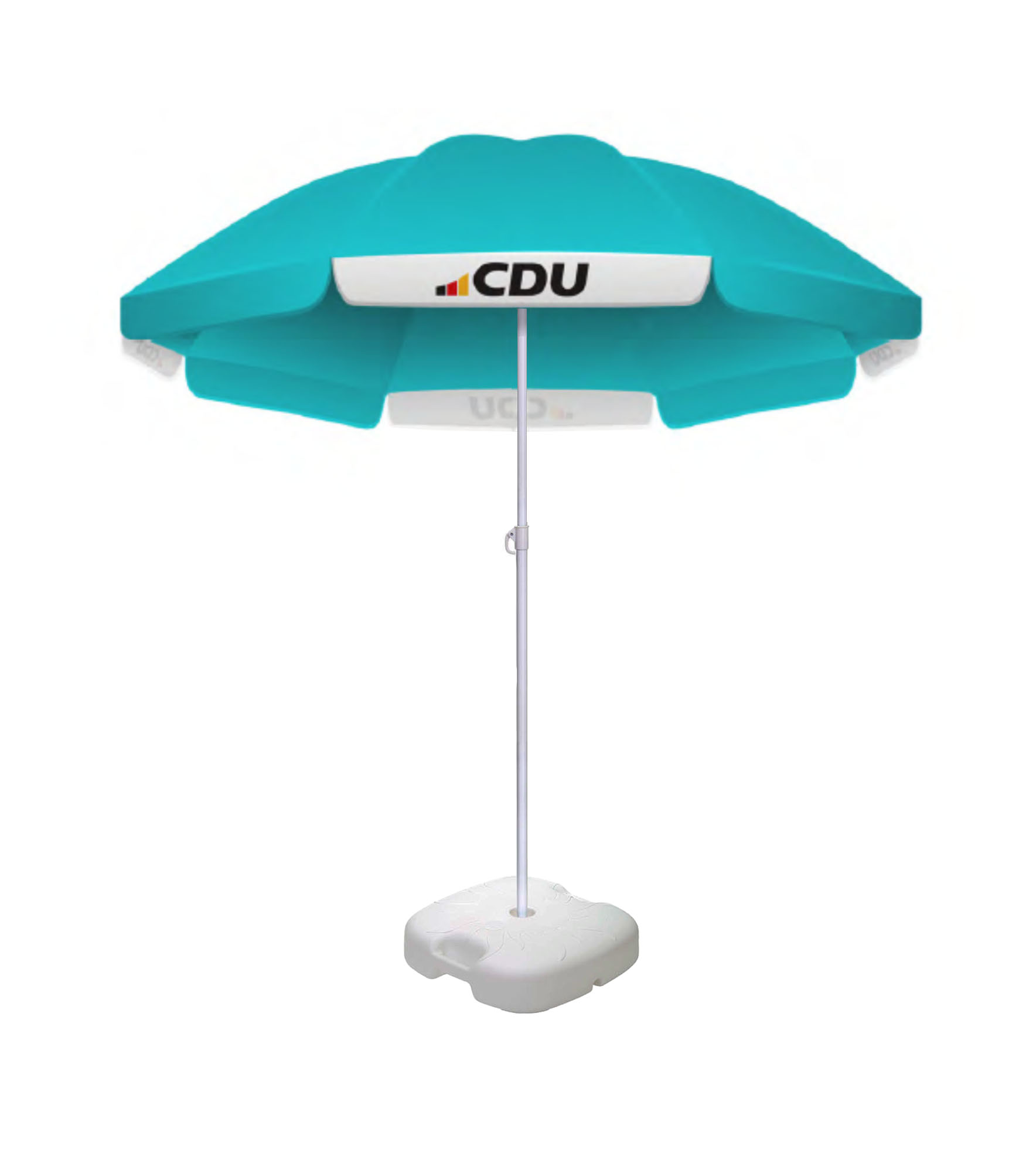 Sonnenschirm "CDU" Sonnenschirm aufgespannt und stehend in einem Schirmfuß aus weißem Kunststoff. Der Schirm ist ganz in Türkis. Auf jedem zweiten Volant ist das CDU-Logo 3-faribg aufgedruckt.