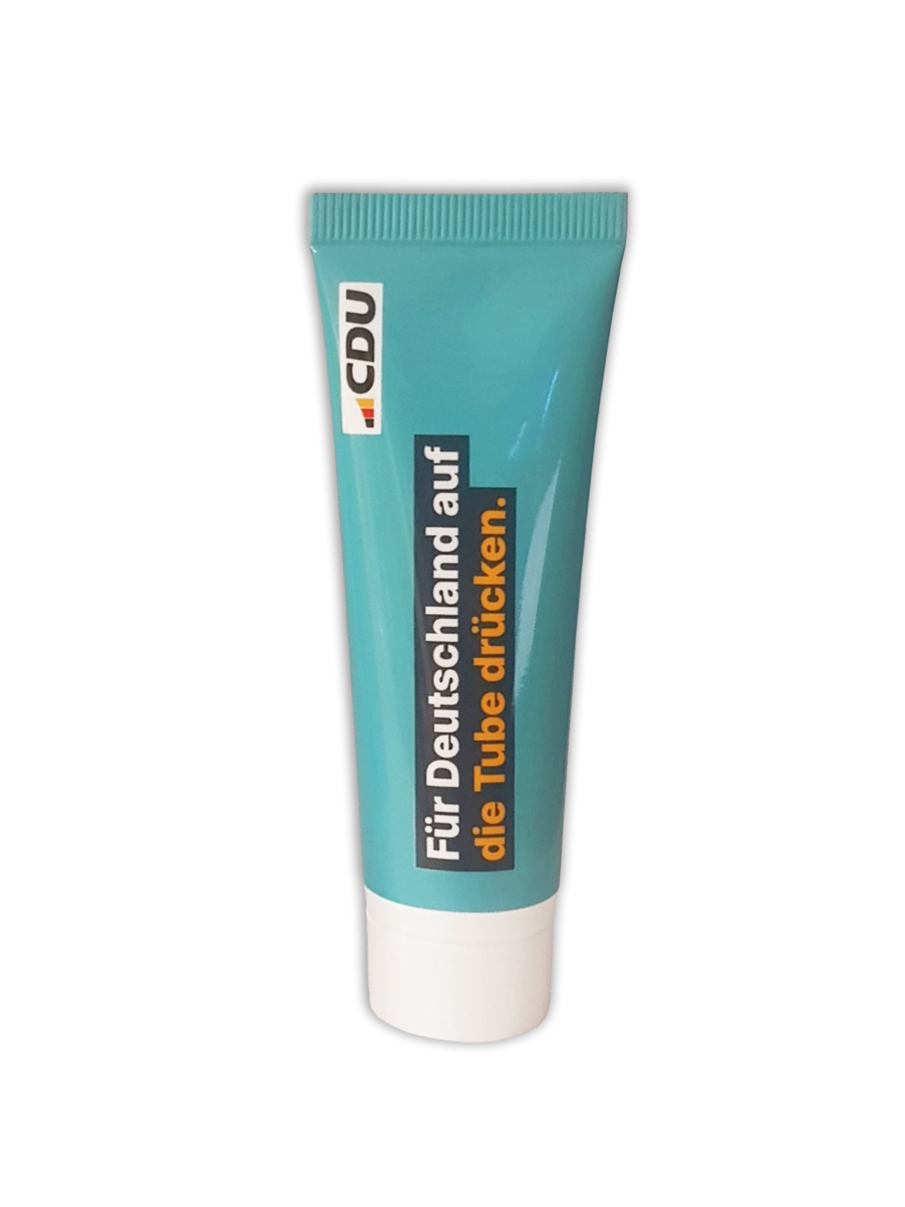 Kleine Tube in Türkis mit weißer Verschlusskappe. Text-Aufdruck: Für Deutschland auf die Tube drücken. Und das CDU-Logo.