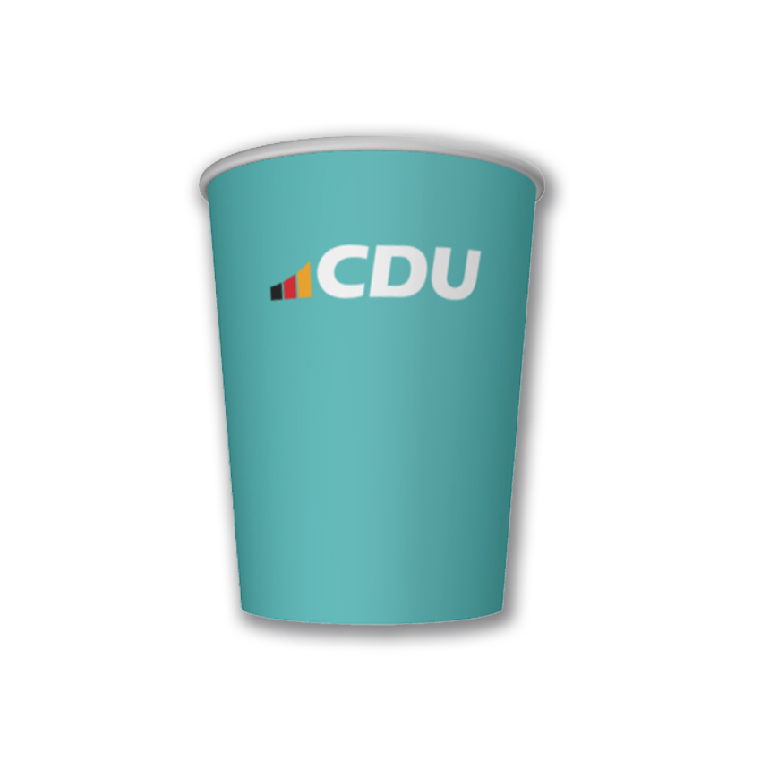 Kartontrinkbecher ganz in Türkis. Im oberen Becherbereich ist das 3-farbige CDU-Logo aufgedruckt. Abbildung direkt von vorne.