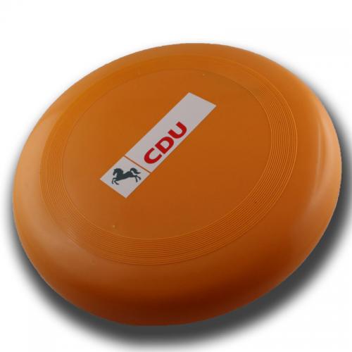 Frisbee Scheibe ganz in Orange. Aufdruck CDU-Logo Niedersachsen.