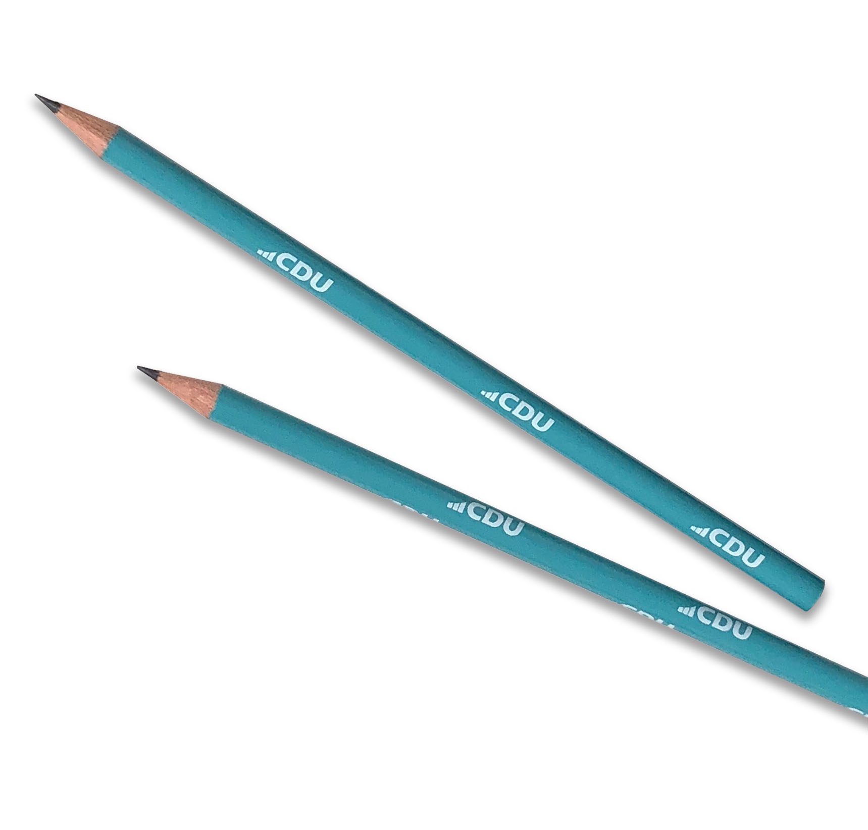 Zwei Bleistifte ganz in Türkis. Umlaufend mit kleinen weißen CDU-Logos bedruckt.