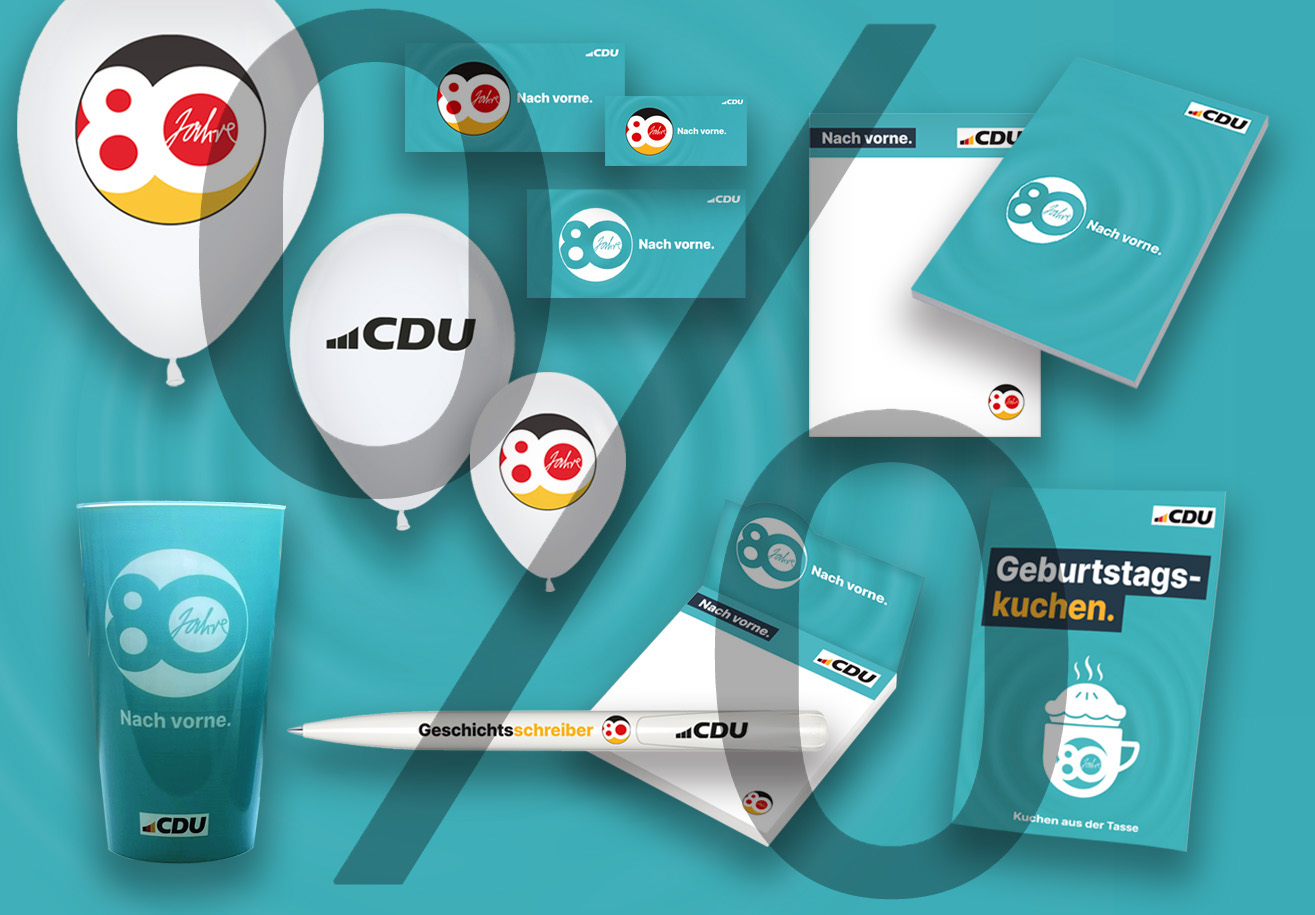 Alle Produkte zu 80 Jahre CDU auf einem Bild zusammen und mit einem großen Prozentzeichen versehen.
