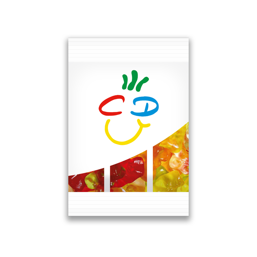 Tütchen in Weiß. Befüllt mit Gummibärchen. Druck: 4-farbiger CDU-Smilie.