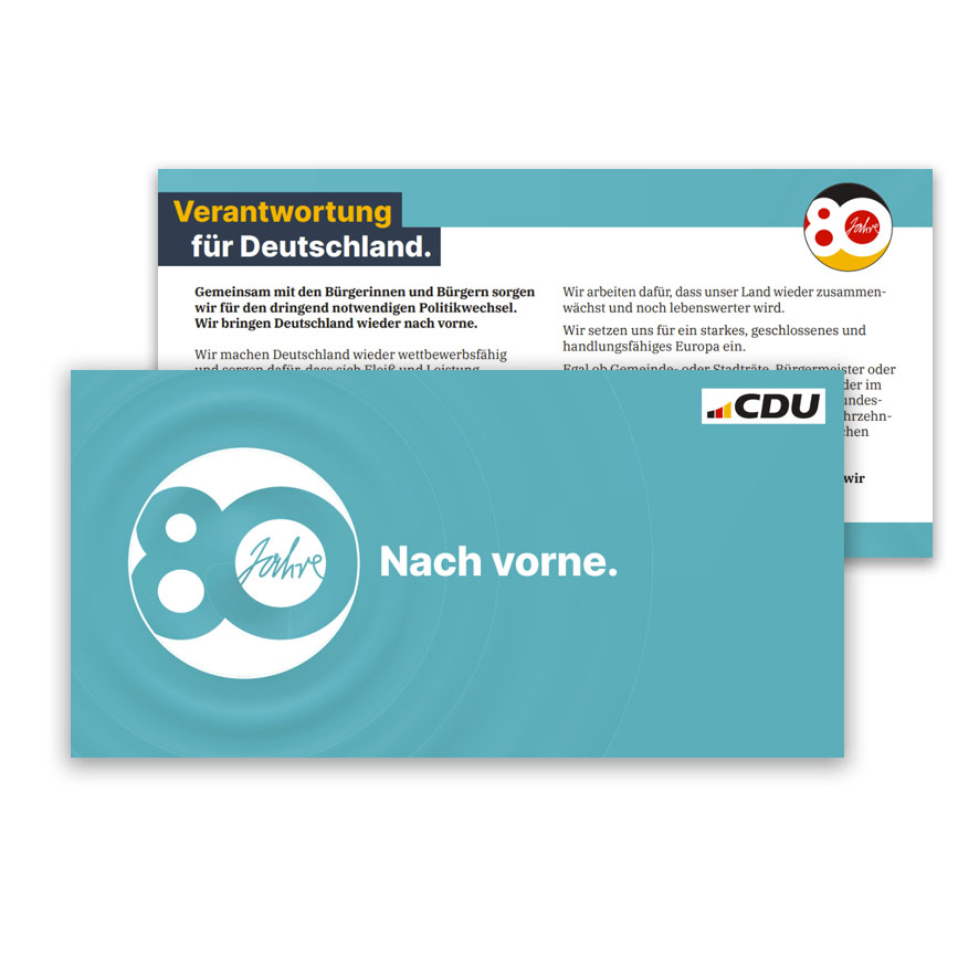 Klappkarte 80 Jahre CDU - Ansicht der Vorderseite und leicht verdeckt die Rückseite.