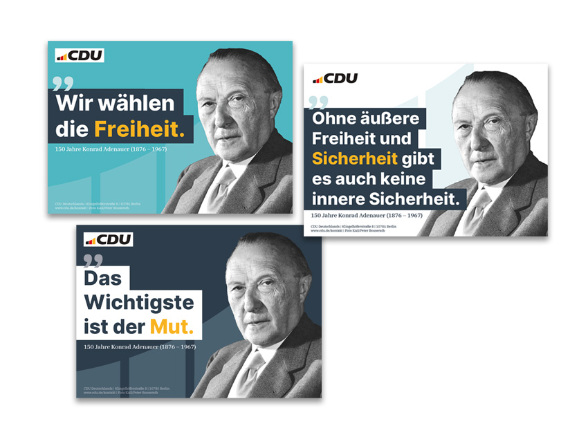 Drei Aufkleber mit Bild und Zitaten von Konrad Adenauer.