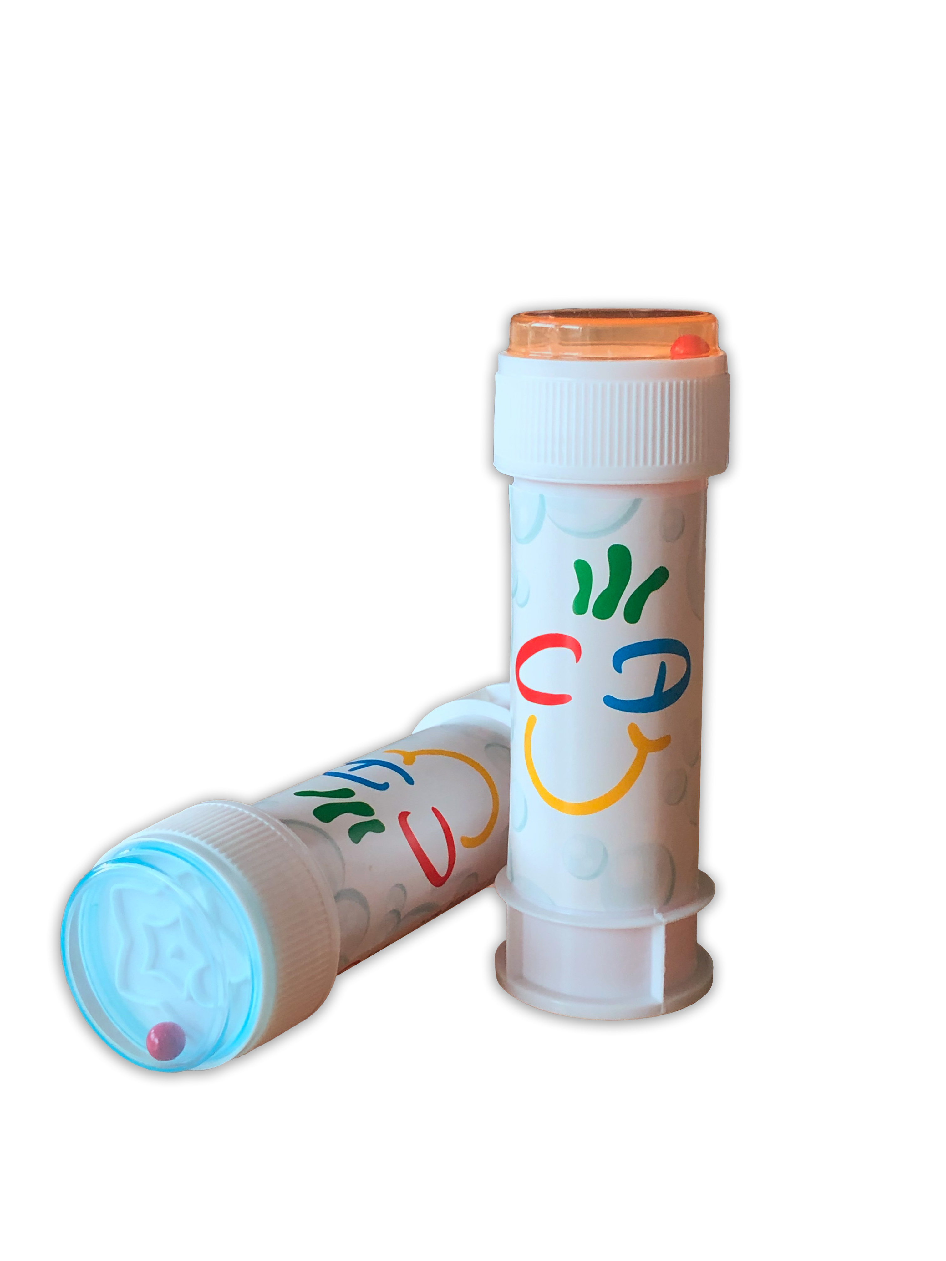 Zwei Seifenblasenspender in Weiß mit CDU-Smilie-Aufdruck. Einmal liegend mit Geduldspiel im Deckel sichtbar. Einmal stehend.