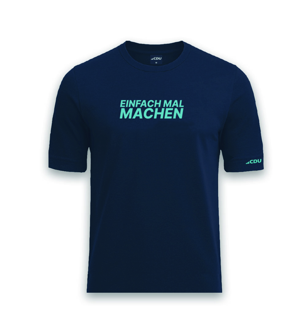 T-Shirt in Nachtblau mit halben Arm. EMM-Logo-Druck auf der Brust und CDU-Logo-Druck auf dem Ärmel in Türkis.