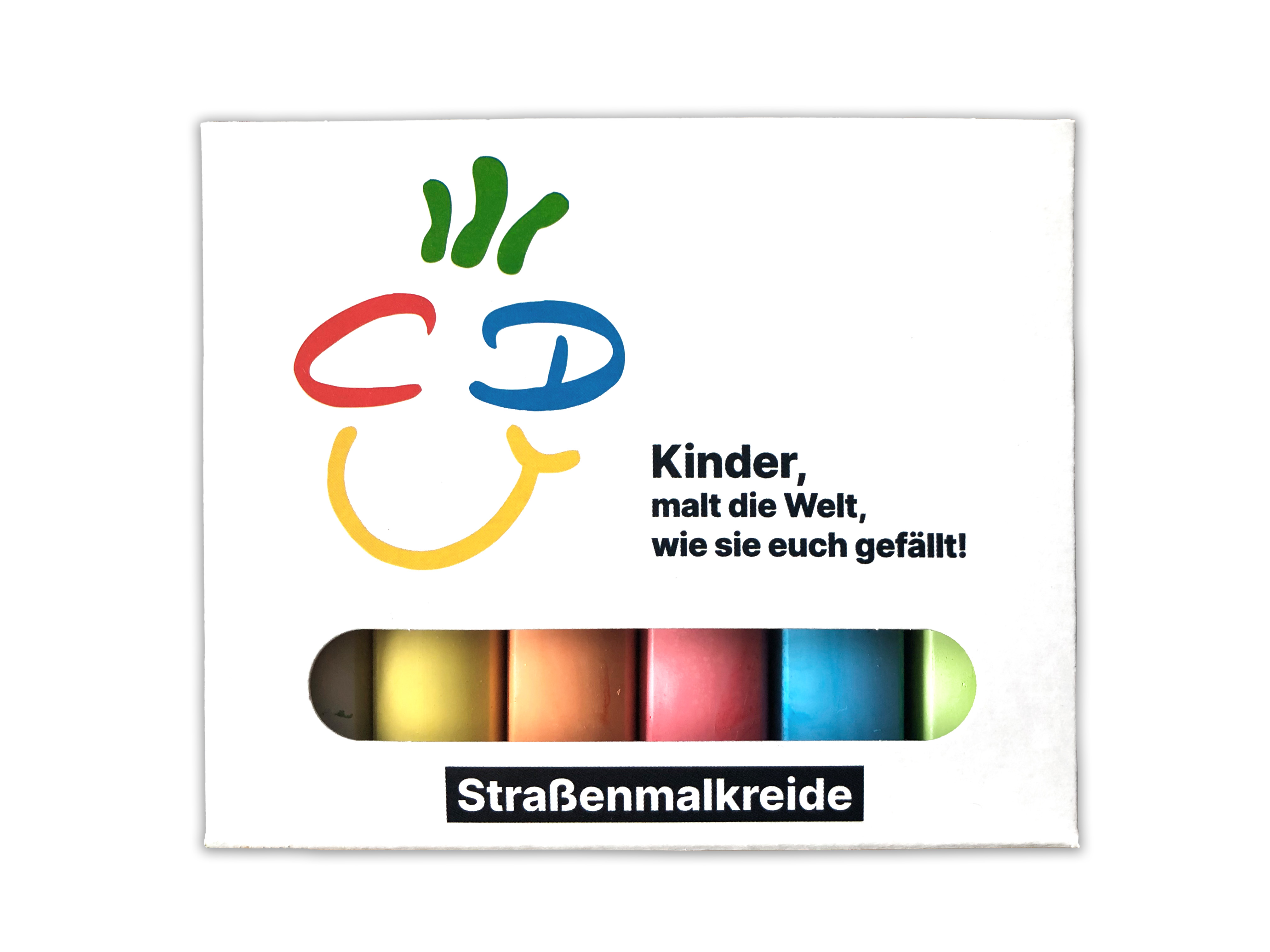 Straßenmalkreide "CDU-Smilie" Weiße Schachtel mit CDU-Smilie. Im Sichtfenster sind die bunten Kreidestifte zu sehen.