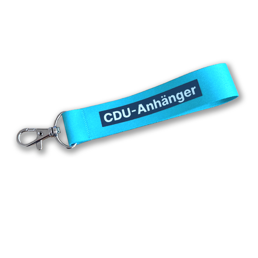 Schlüsselanhänger mit gewebtem Stoffband als Schlaufe gefertigt, in Türkis. Bandaufdruck: CDU-Anhänger. Am Schlaufenband ist ein kleiner Karabinerhaken befestigt.