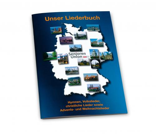 Unser Liederbuch im Hochformat. Aufdruck Deutschlandkarte mit Bildern aus der Region.