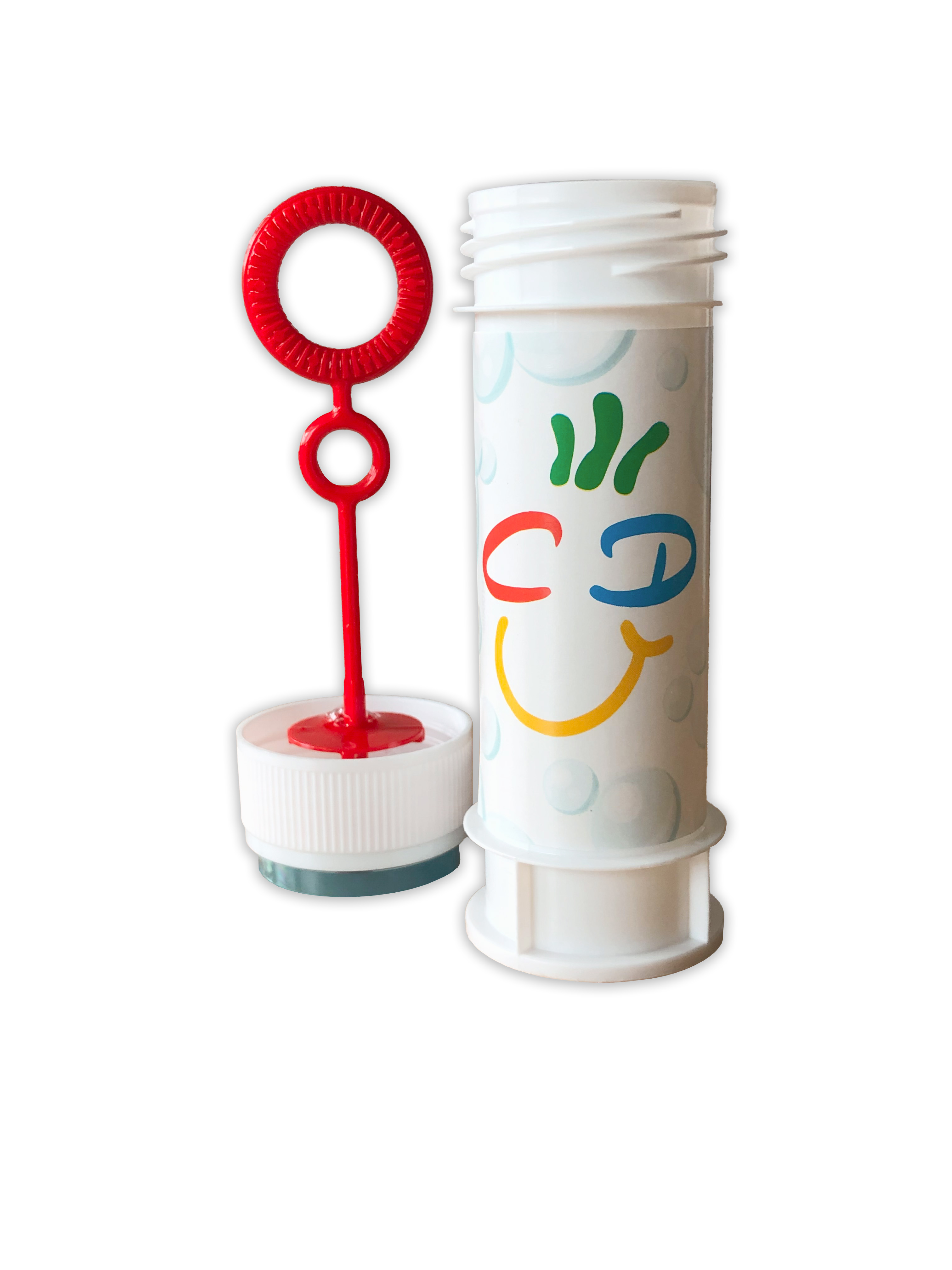 Seifenblasenspender offen, mit CDU-Smilie-Aufdruck. Der abgeschraubte Deckel, in dem der Pustestab integriert ist, steht daneben.