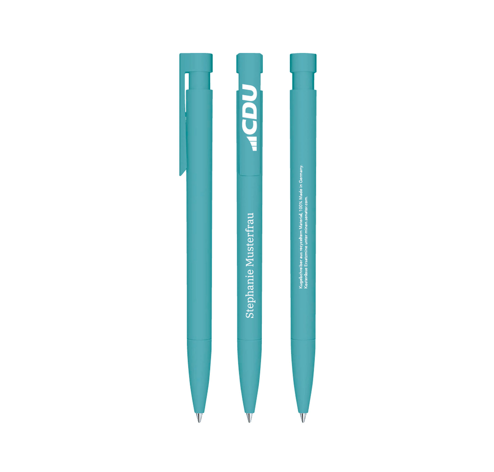 Gleicher Kugelschreiber mit Ansicht von vorne, von der Seite und von hinten.