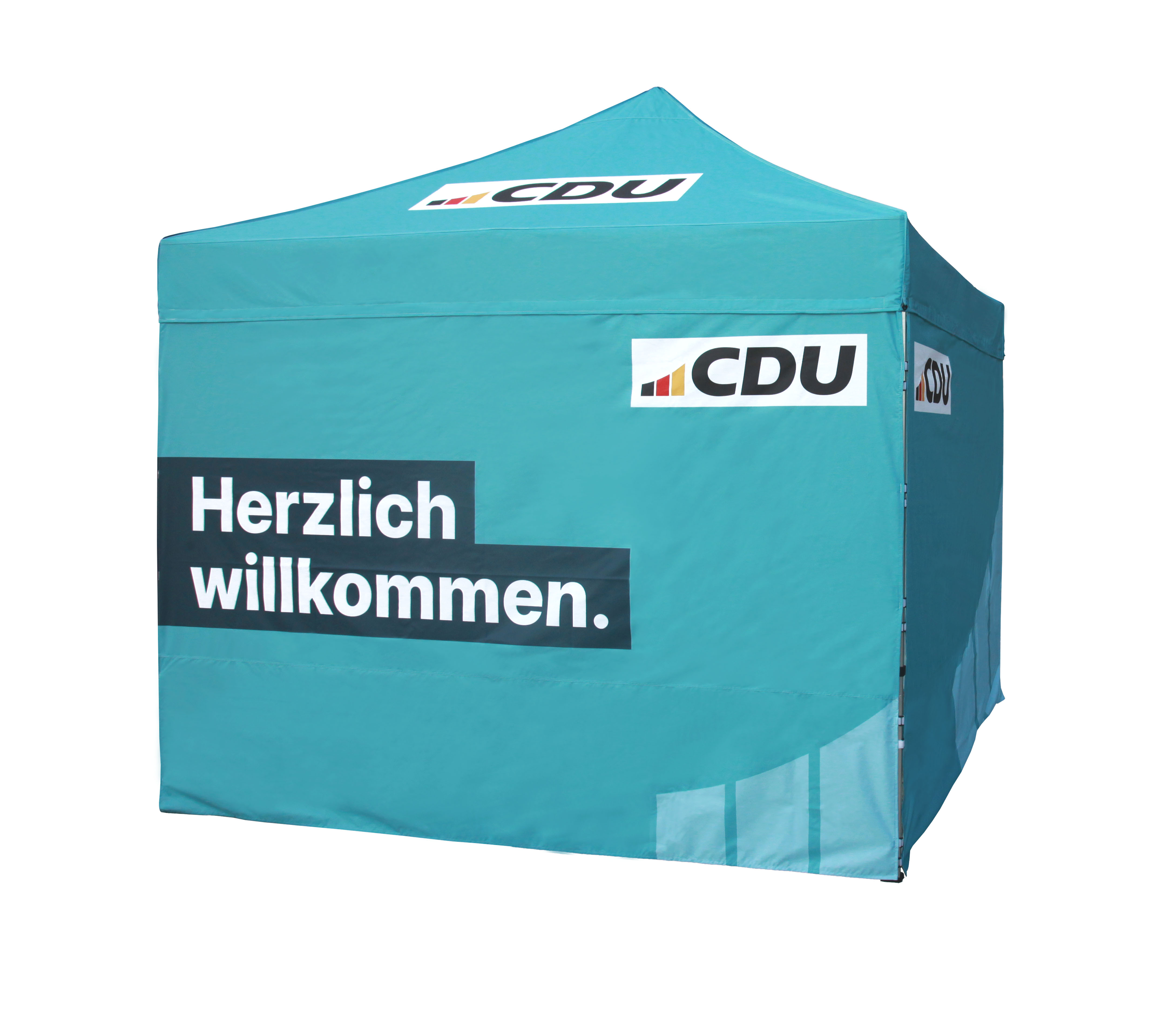 CDU-Pavillon rechte Seite frontal. Dach, Seitenwände und Rückwand in Türkis. Das 3-farbige CDU-Logo ist groß und mittig auf dem Pavillondach aufgedruckt. Auf der Seitenwand steht groß gedruckt: Herzlich willkommen.