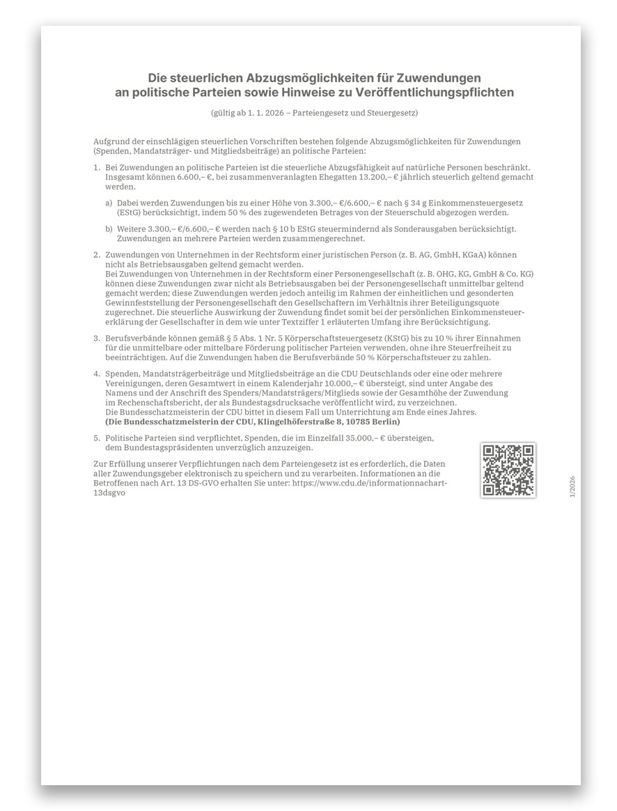 Abb. Textblatt mit Informationen steuerlicher Abzugsmöglichkeiten für Zuwendungen an politische  Parteien.