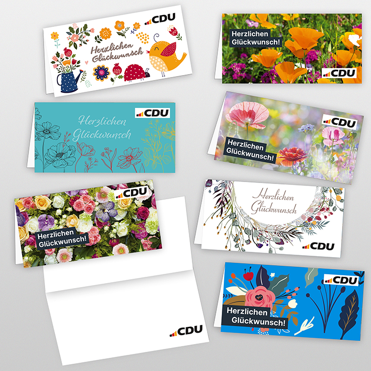 Abbildung mit 7 Glückwunschkarten im Querformat. Jede Karte hat ein anderes Motiv.