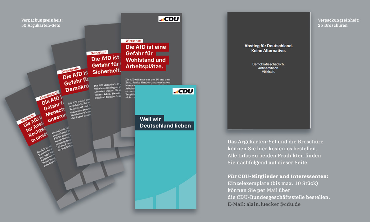 Werbebanner zeigt die Abbildungen der aktuellen Materialien zum Thema AfD und wo diese bestellt werden können.