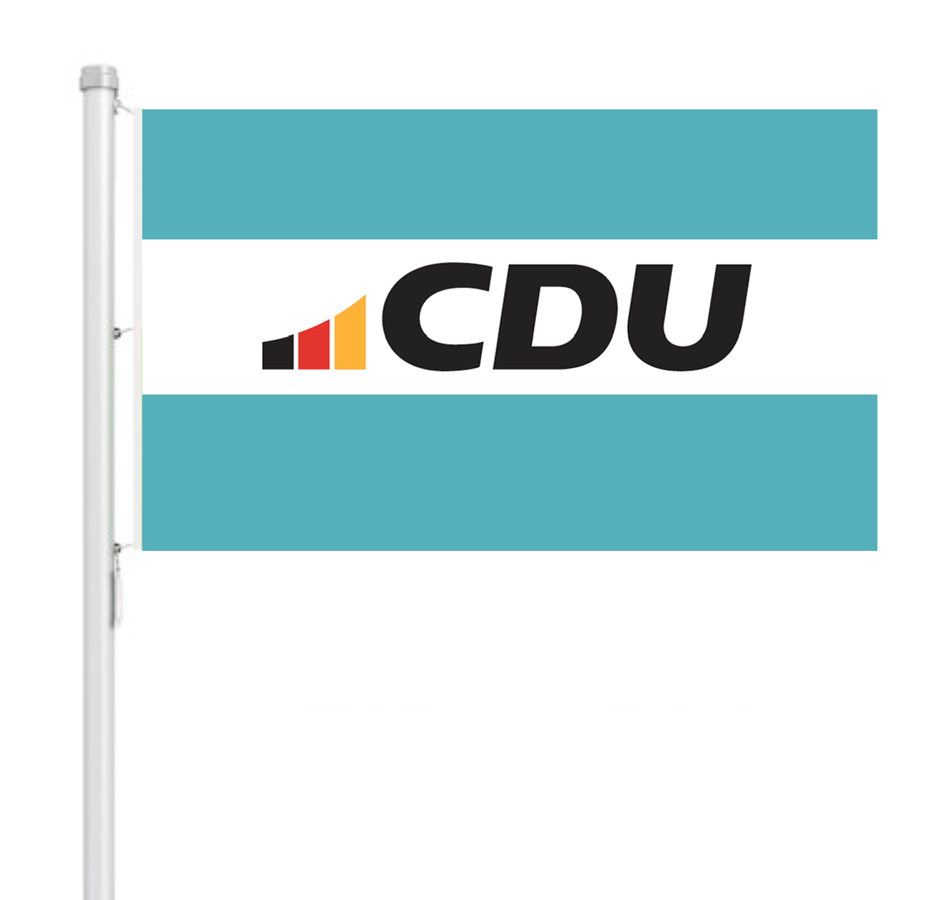 Kleine CDU-Fahne im Querformat und ganz in Türkis. Großes CDU-Logo, 3-farbig mittig aufgedruckt.