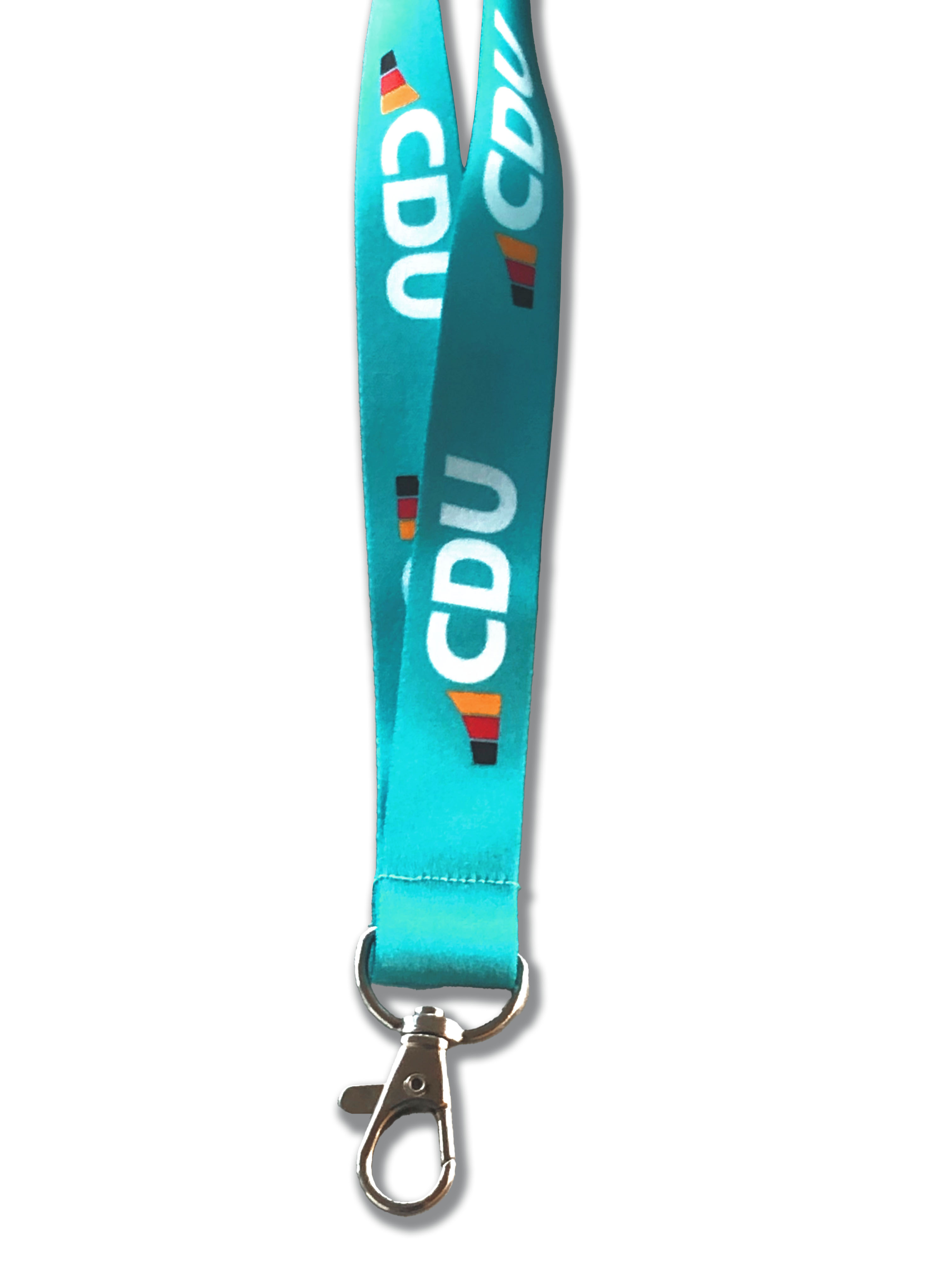 Flach gewebtes Umhängeband in Türkis. Aufdruck mit CDU-Logos fortlaufend, nebeneinander. Das Band ist mit einem kleinen Karabiner versehen.