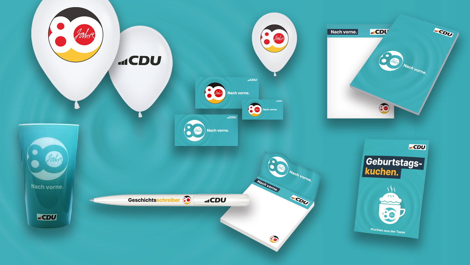 Übersicht mit vielen Produktbildern zu 80 Jahre CDU. Luftballon, Kugelschreiber, Notizblock, Trinkbecher, Aufkleber und Tassenkuchen.